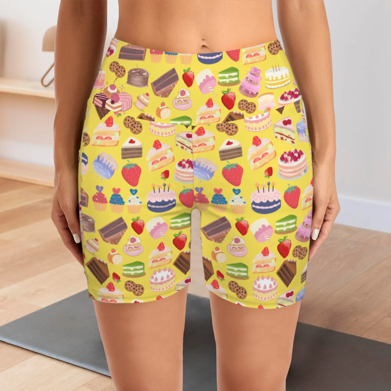 Happy Cake Yellow Yoga Shorts with Pockets up to 5 XL (FWS)