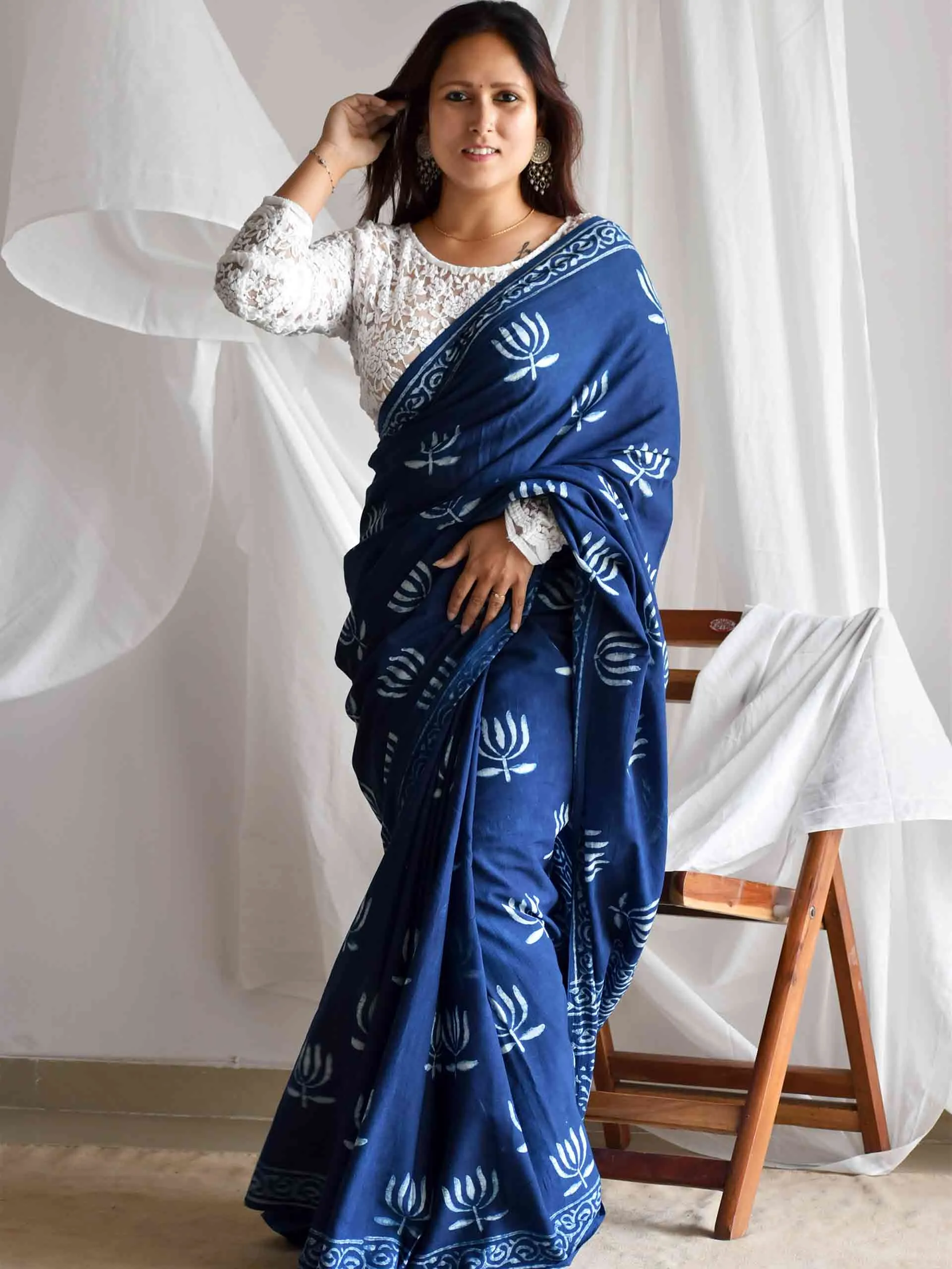 Kamal Indigo mul cotton saree