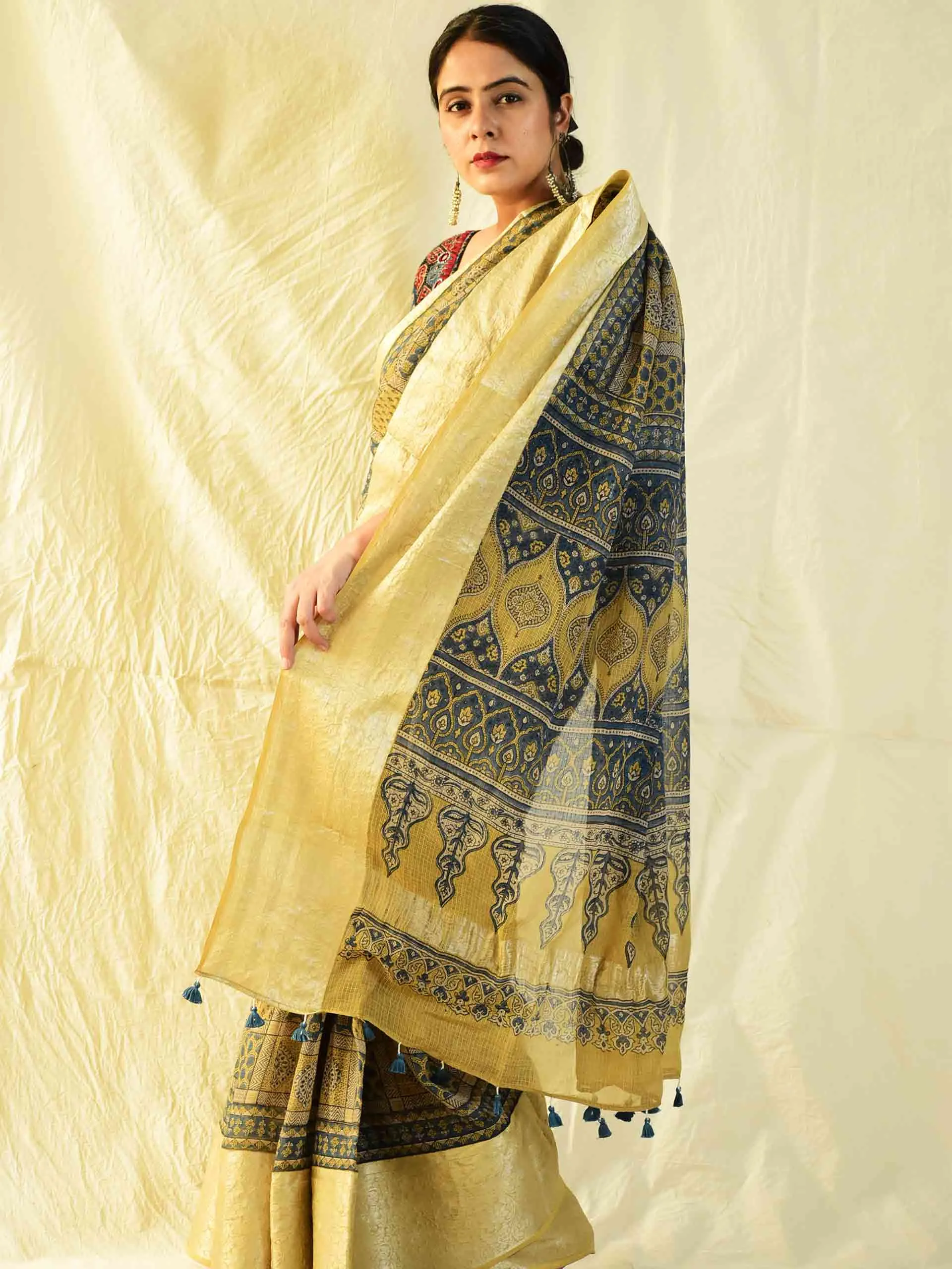 Kaynaat - Ajrakh handloom Kota Doria saree with zari border