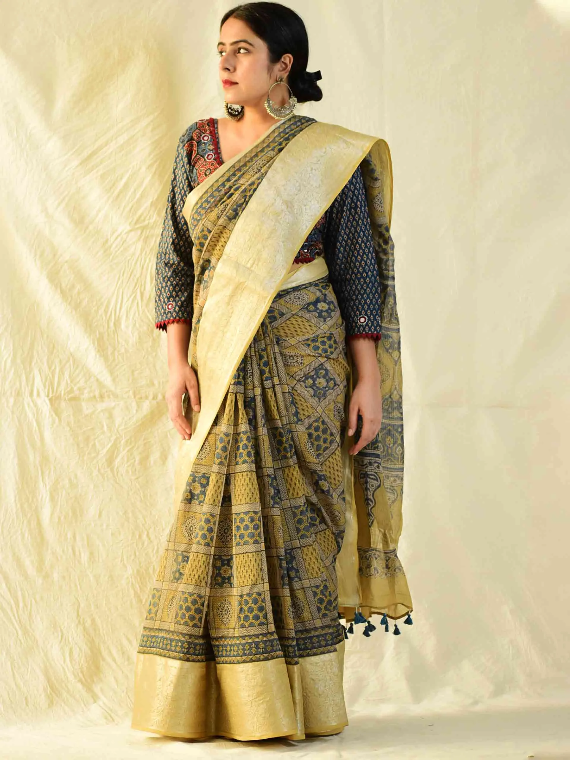 Kaynaat - Ajrakh handloom Kota Doria saree with zari border