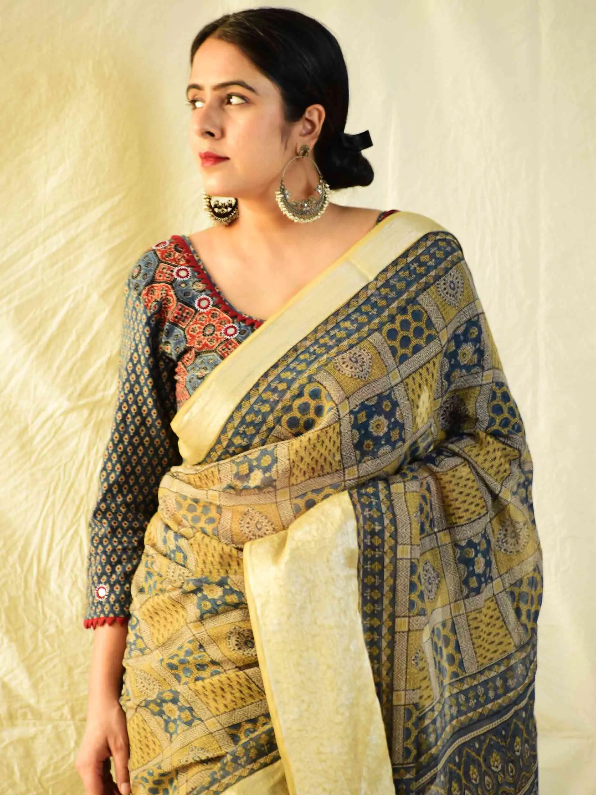 Kaynaat - Ajrakh handloom Kota Doria saree with zari border