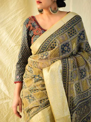 Kaynaat - Ajrakh handloom Kota Doria saree with zari border