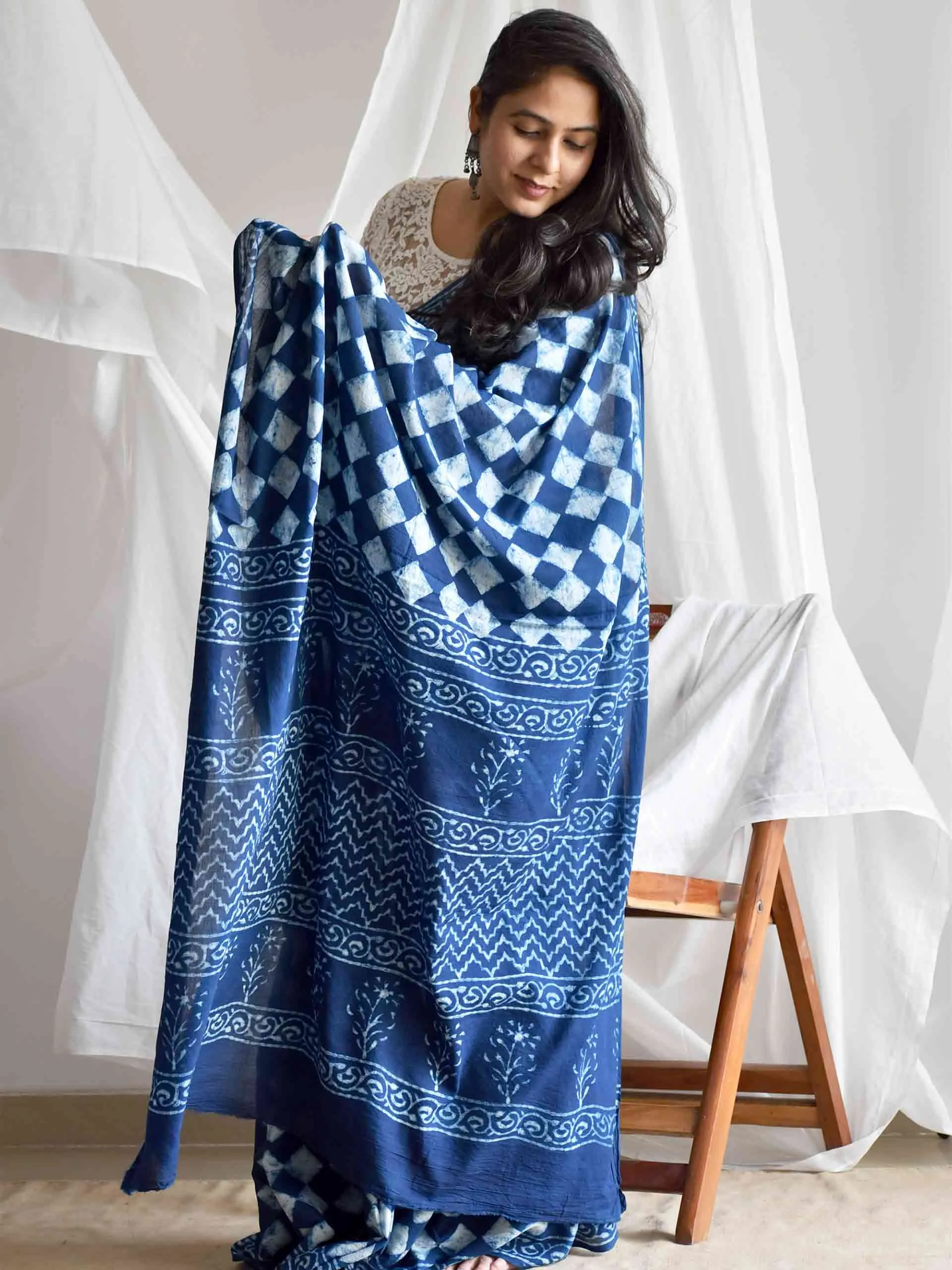 patang Indigo mul cotton saree