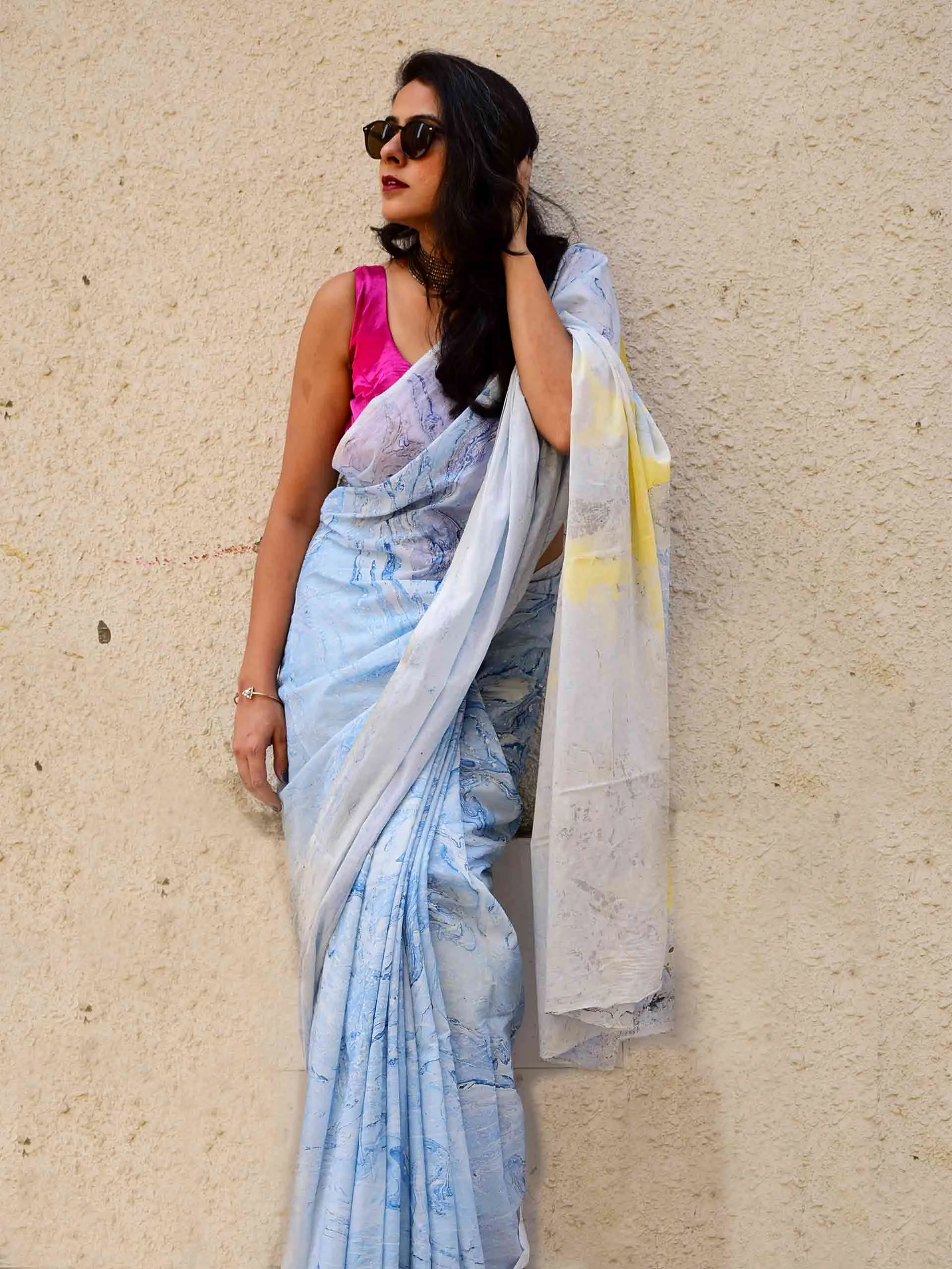 Rimjhim - Hand Marble Printed Cotton Saree