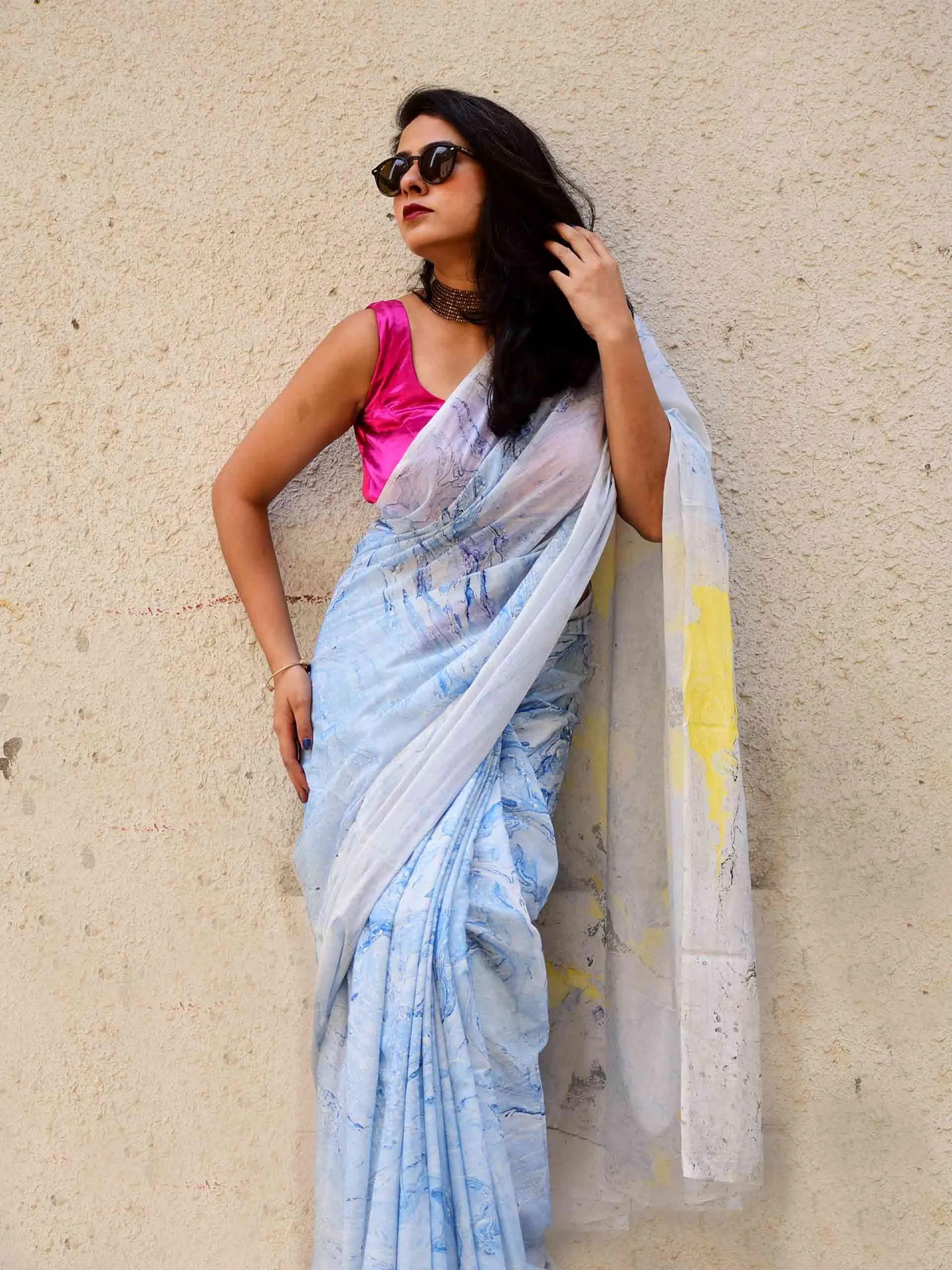 Rimjhim - Hand Marble Printed Cotton Saree