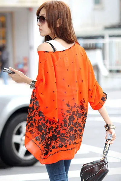Sexy Casual Flower Print Orange Bohemian Chiffon Blouse Top