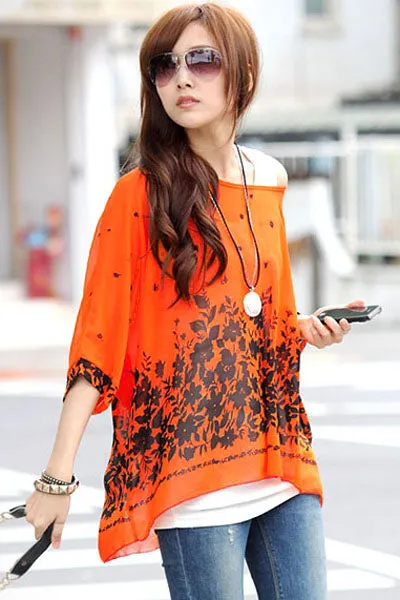 Sexy Casual Flower Print Orange Bohemian Chiffon Blouse Top