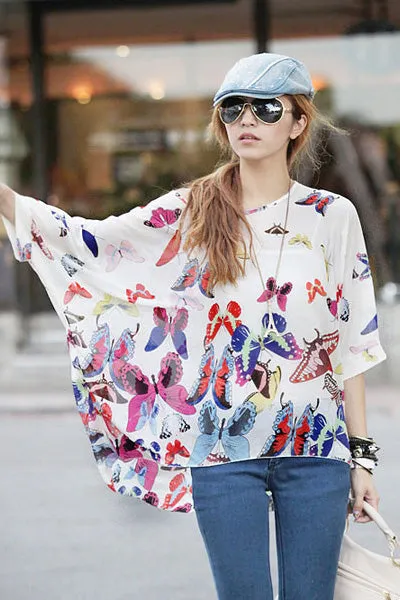 Sexy Fashion Girls Butterfly Print Chiffon Batwing Blouse