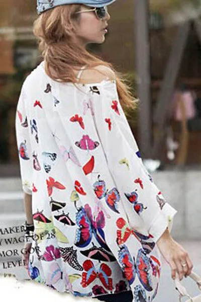 Sexy Fashion Girls Butterfly Print Chiffon Batwing Blouse