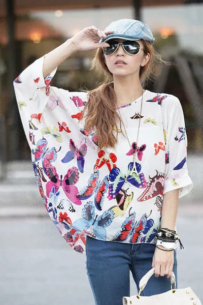 Sexy Fashion Girls Butterfly Print Chiffon Batwing Blouse