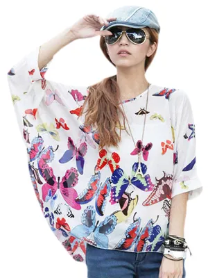Sexy Fashion Girls Butterfly Print Chiffon Batwing Blouse