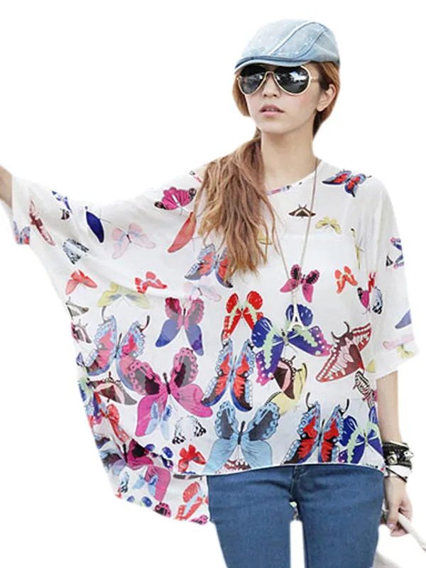 Sexy Fashion Girls Butterfly Print Chiffon Batwing Blouse