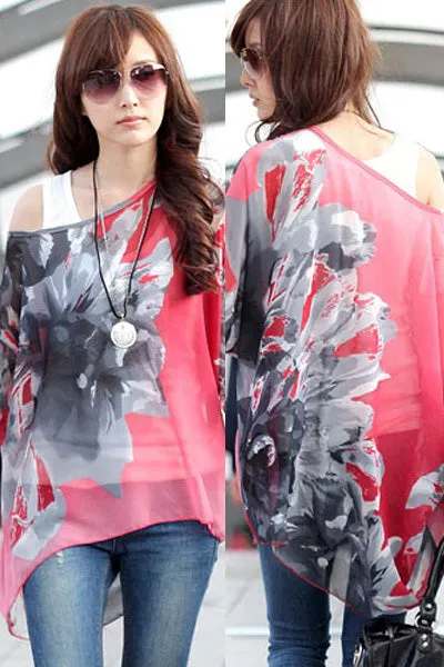Sexy Monochrome Flower Batwing Coral Chiffon Blouse